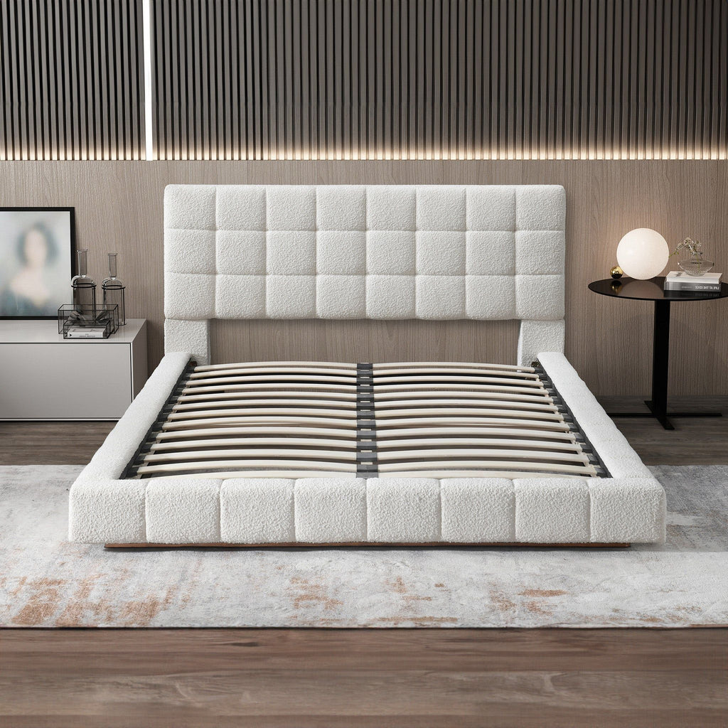 Elegant Design Upholstered Bed with Wooden Slat Support - Beige