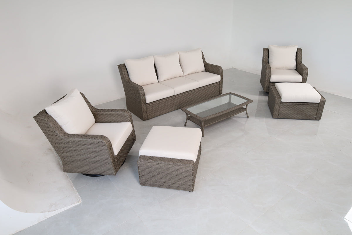 Luxury Rattan Patio Conversation Set with Swivel Chairs & Sofa - Light Gray