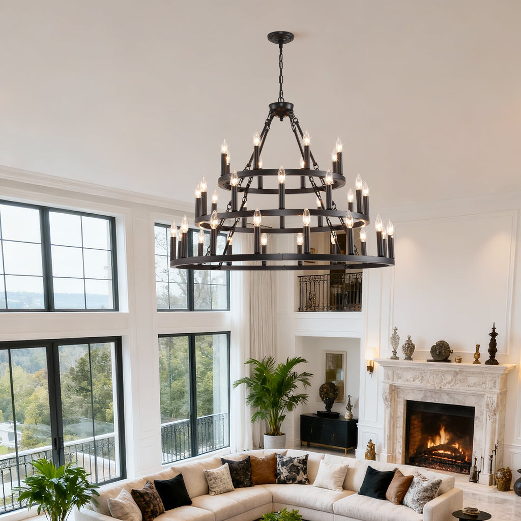 39.37 Inch 3-Tier Wagon Wheel Chandelier with 36 Lights - Matte Black