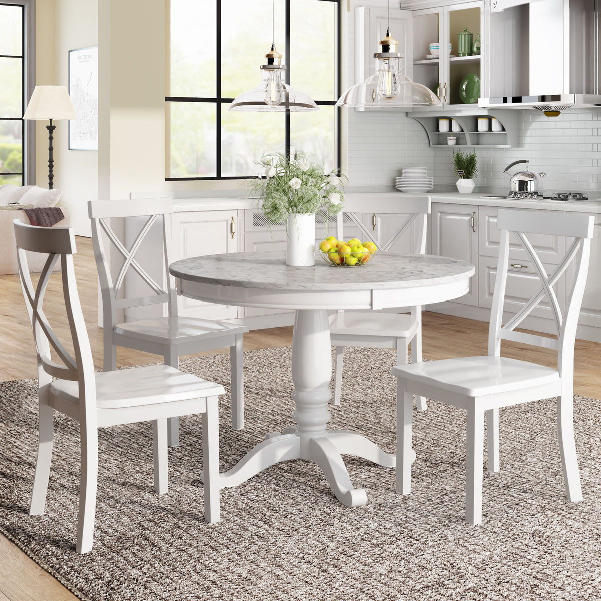 5-Piece Solid Wood Dining Set — White or Dark Gray
