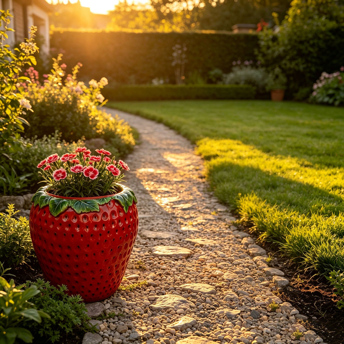 Strawberry Shaped Planter Pot with Weather-Resistant Resin - Red