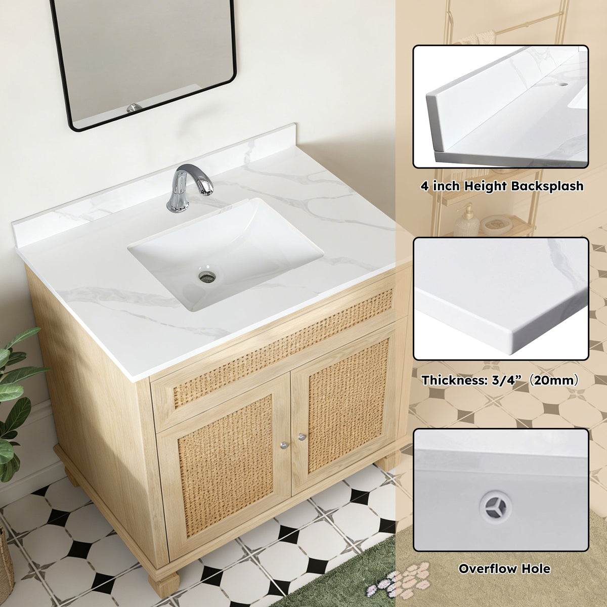 37-Inch Quartz Bathroom Vanity Top with Undermount Single Bowl - White