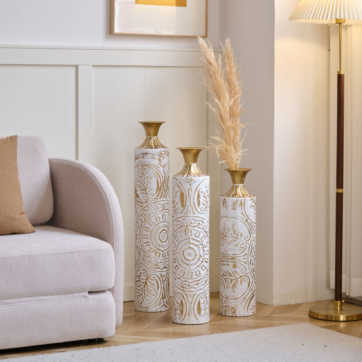 White / Gold Metal Floor Vases Set of 3 with Durable Modern Design