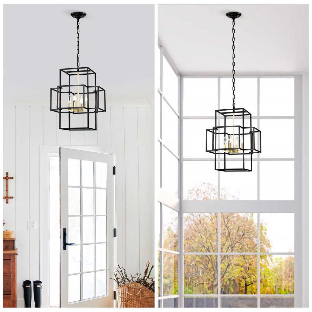 4 Light Metal Lantern Pendant Light with Adjustable Height - Black or Gold