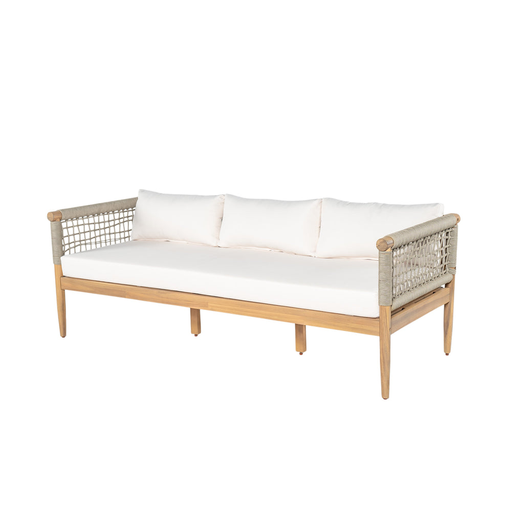 Outdoor Acacia Wood 3-Seater Sofa with Rope Woven Arms - Taupe