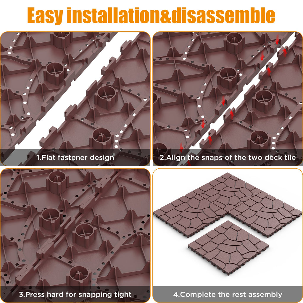 Stone Texture 12" Patio Deck Tiles with Interlocking Design - Set of 44