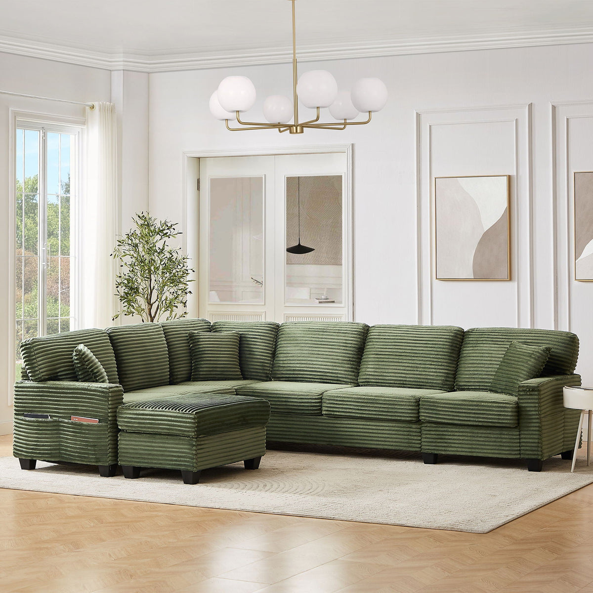 U-Shaped Upholstered Sectional Sofa with Movable Ottoman