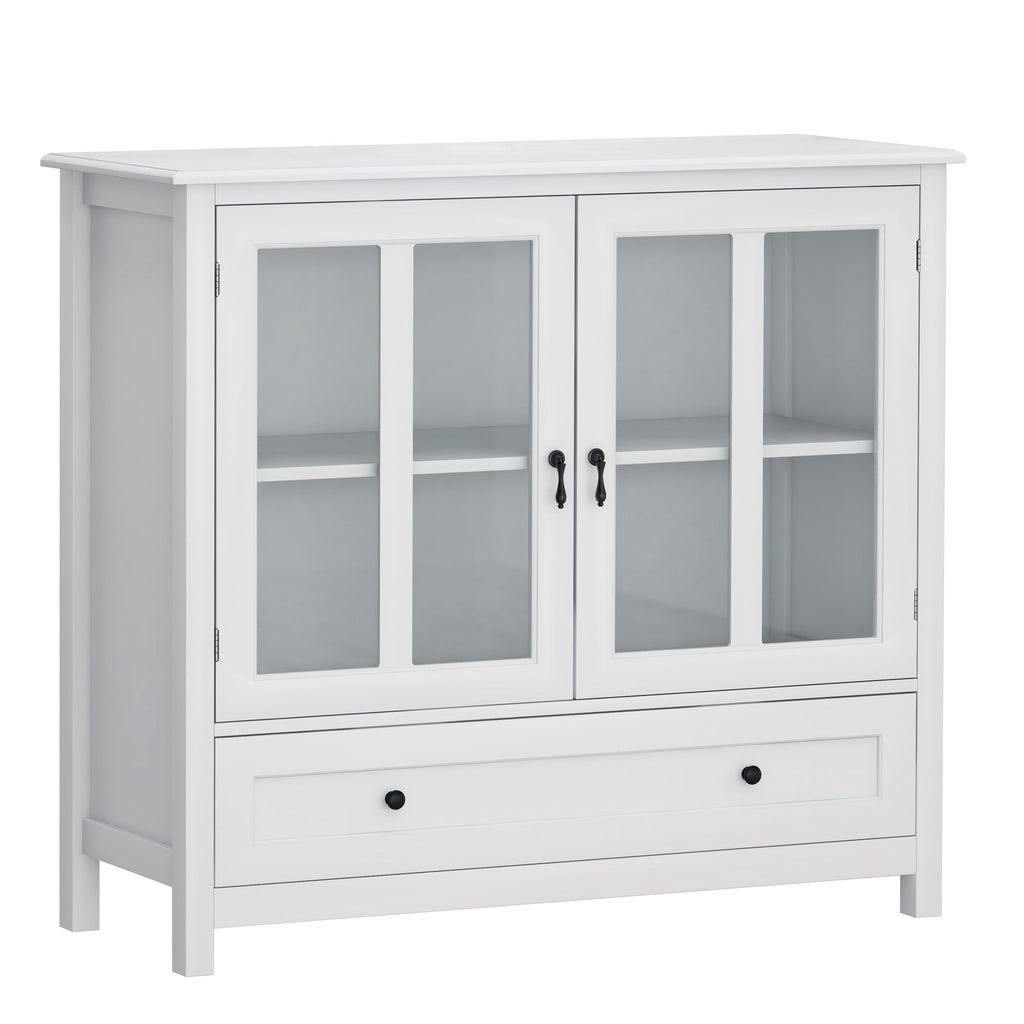 Buffet Storage Cabinet with Double Glass Doors and Bell Handle - White