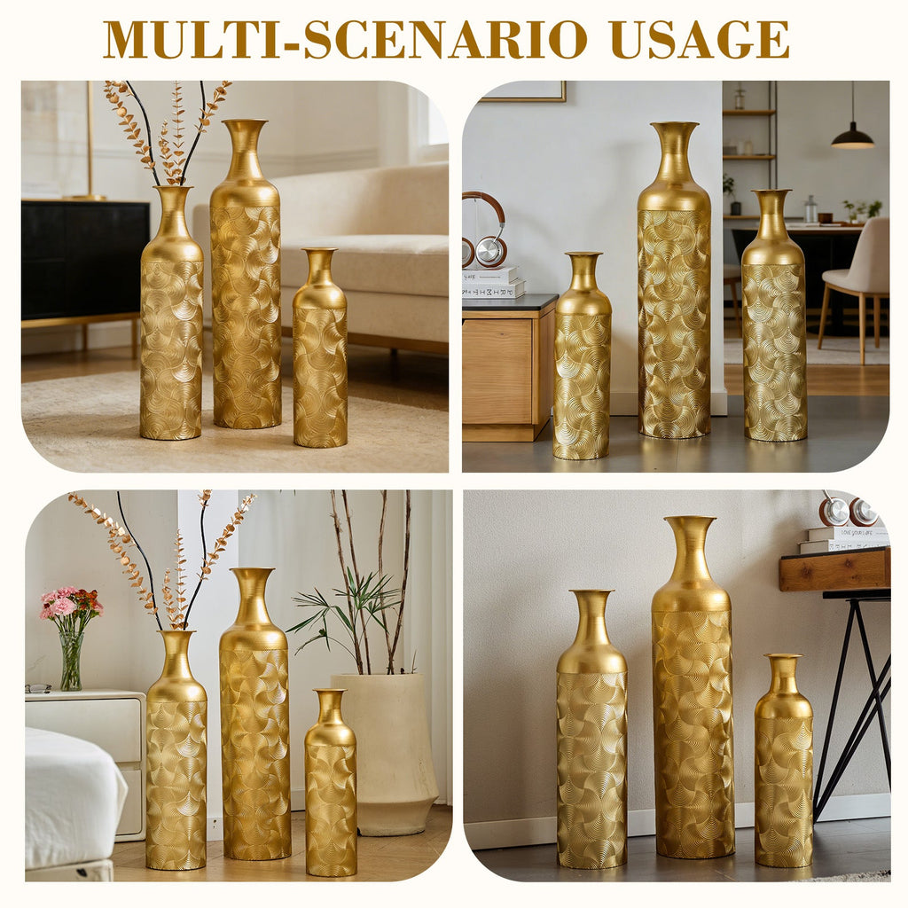 Semi-Handcrafted Metal Vase Set with Embossed Texture - Gold