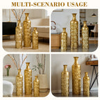 Semi-Handcrafted Metal Vase Set with Embossed Texture - Gold