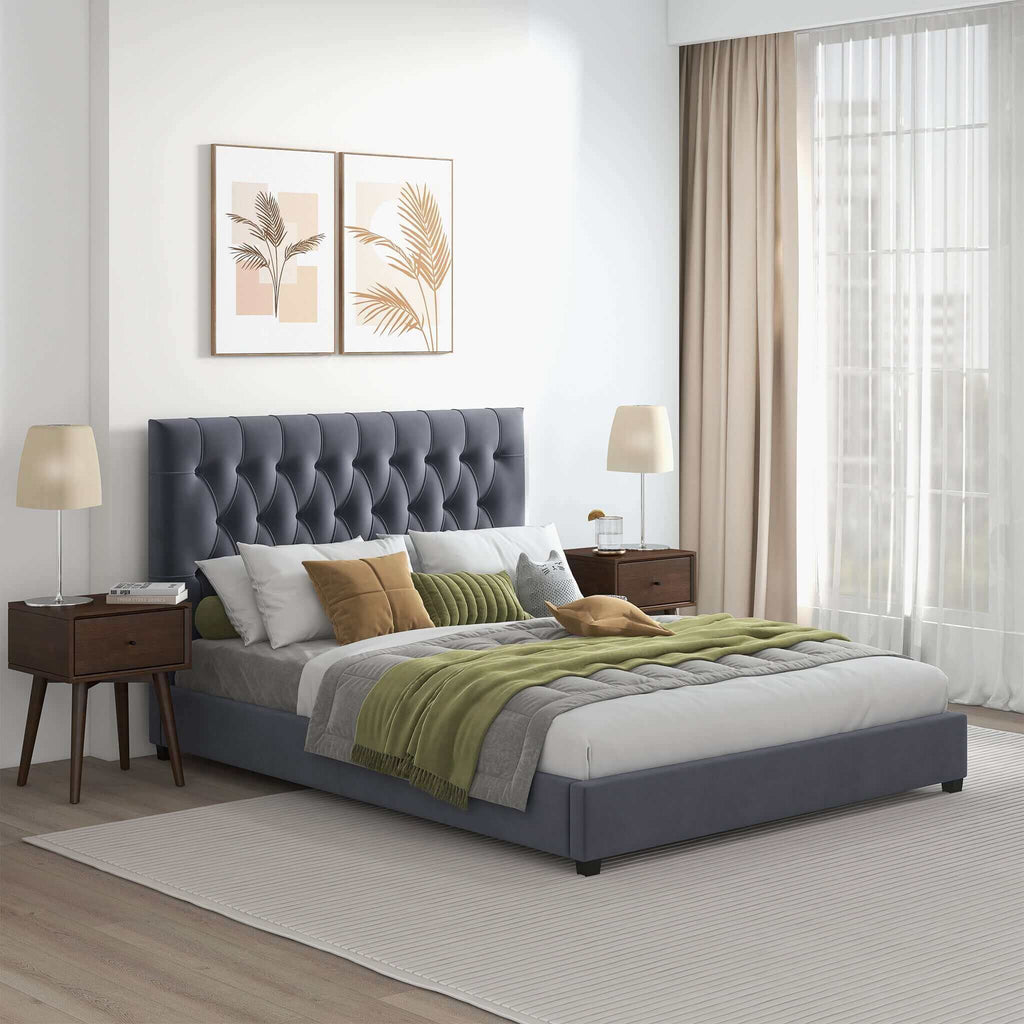 Dark Gray Mid-Century Modern Upholstered Platform Bed with Foam Headboard