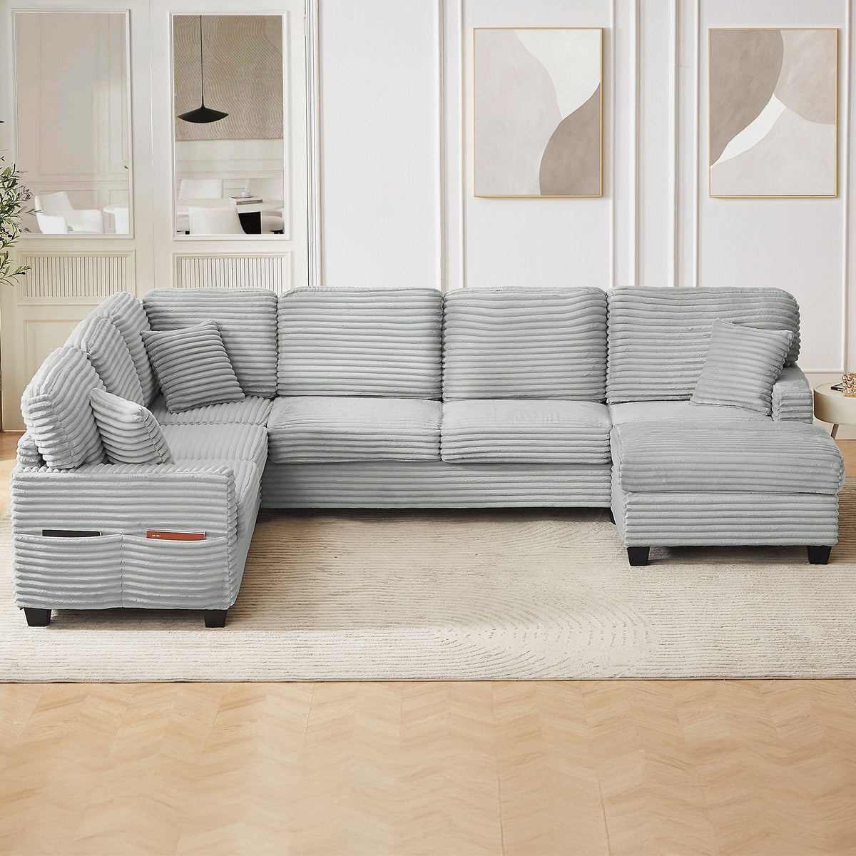U-Shaped Upholstered Sectional Sofa with Movable Ottoman