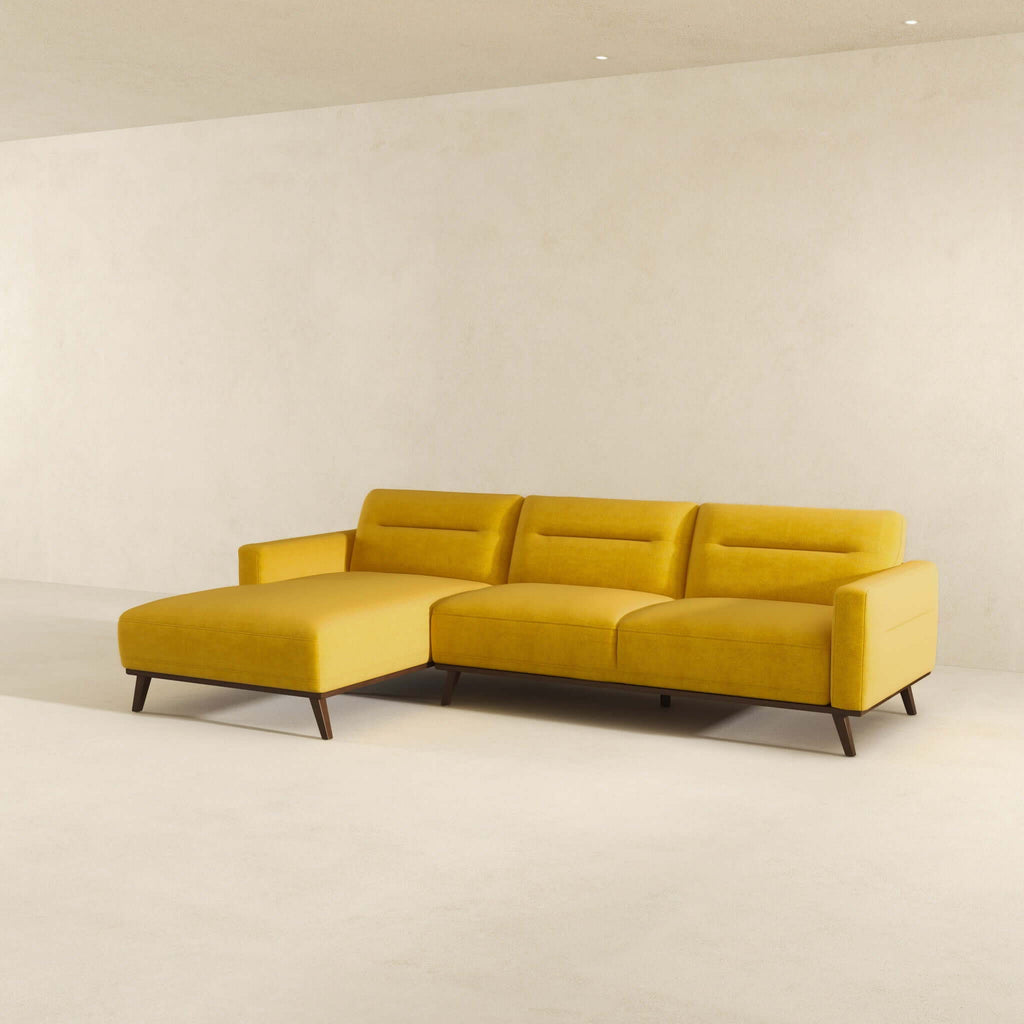 L-Shaped Sectional Couch with Solid Wood Frame and Vegan Upholstery - Yellow or Light Brown