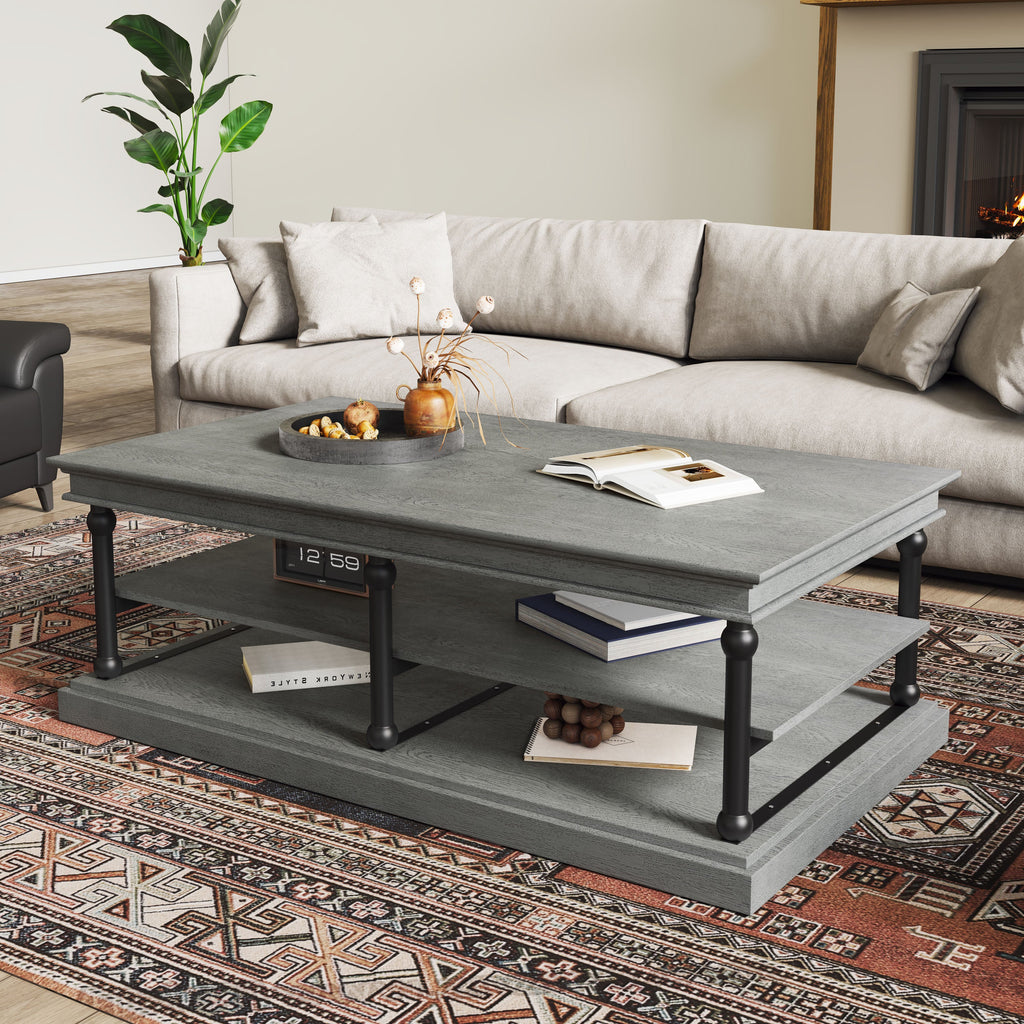 Wood Coffee Table with Storage Shelves - Black + Gray