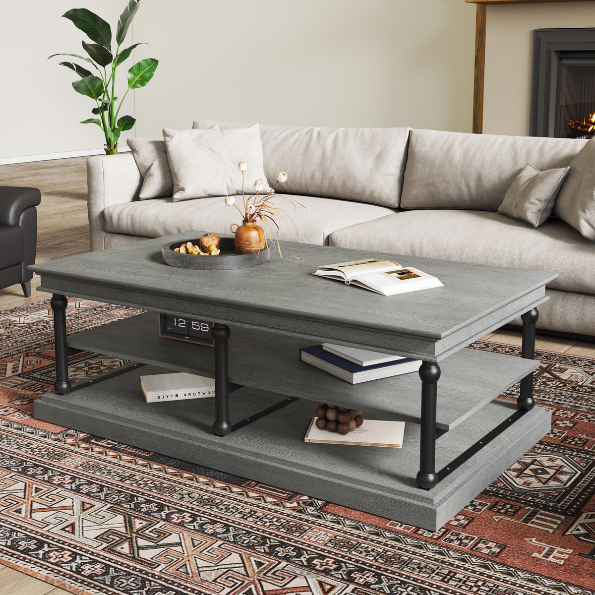 Wood Coffee Table with Storage Shelves - Black + Gray