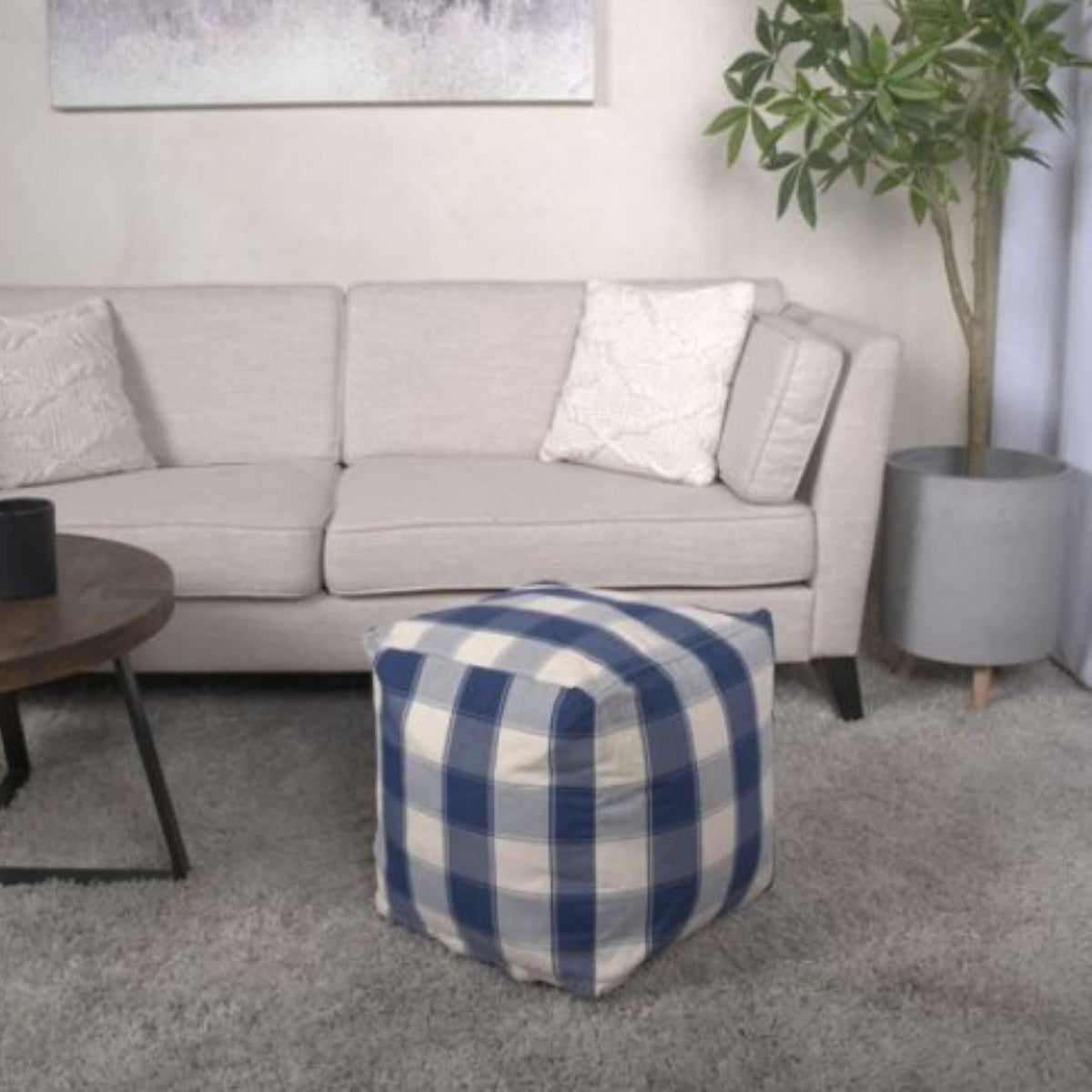 Checkered Square Pouf Ottoman and Floor Cushion with Polystyrene Bead Fill - Ivory / Navy