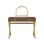 Walnut Vanity Desk with Mirror & Jewelry Tray - Gold Finish
