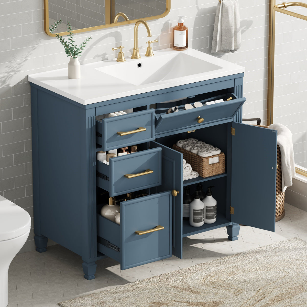 36" Bathroom Vanity with Ceramic Sink and Ample Storage - Blue Gray, Black, White