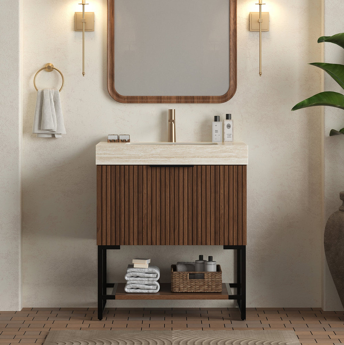 YOLAN 30" Bathroom Vanity with Sintered Stone Sink Top - Walnut
