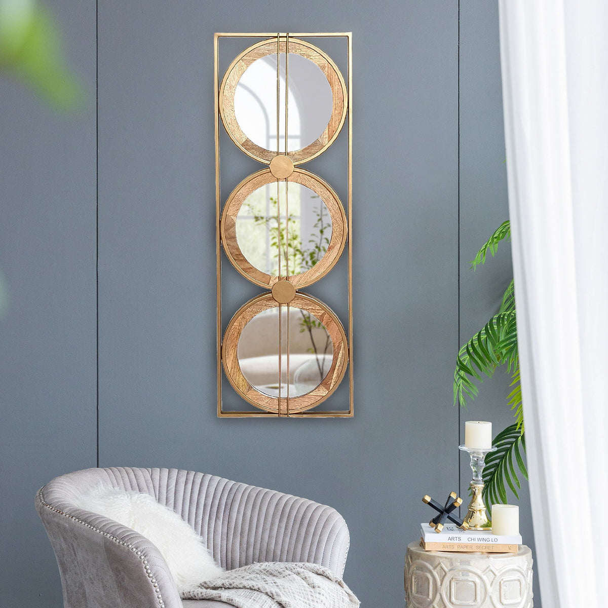 Rectangular 3-Piece Wall Mirror Set with Iron & Mango Wood Frame - Brown