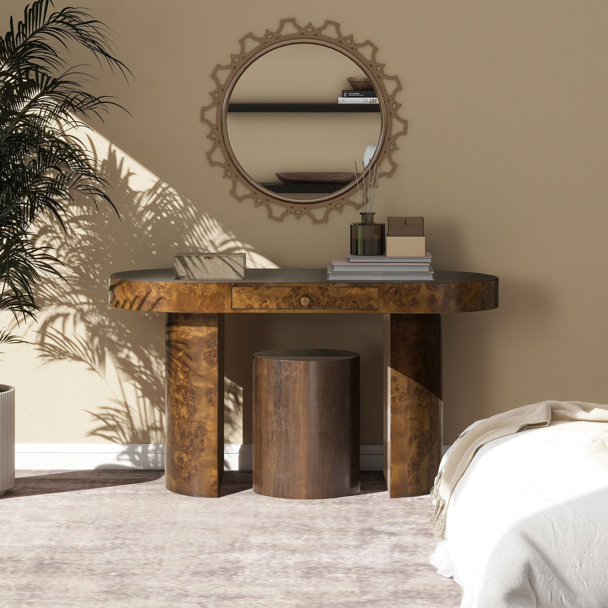 Oval Computer Desk with Single Drawer - Burl Wood Veneer, Light or Dark Brown