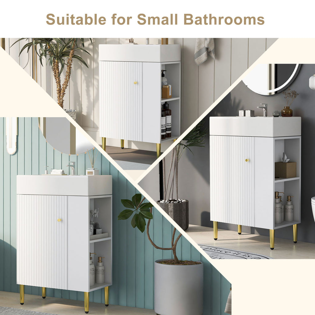 Bathroom Vanity with Single Ceramic Sink and Side Storage - Multiple Colors