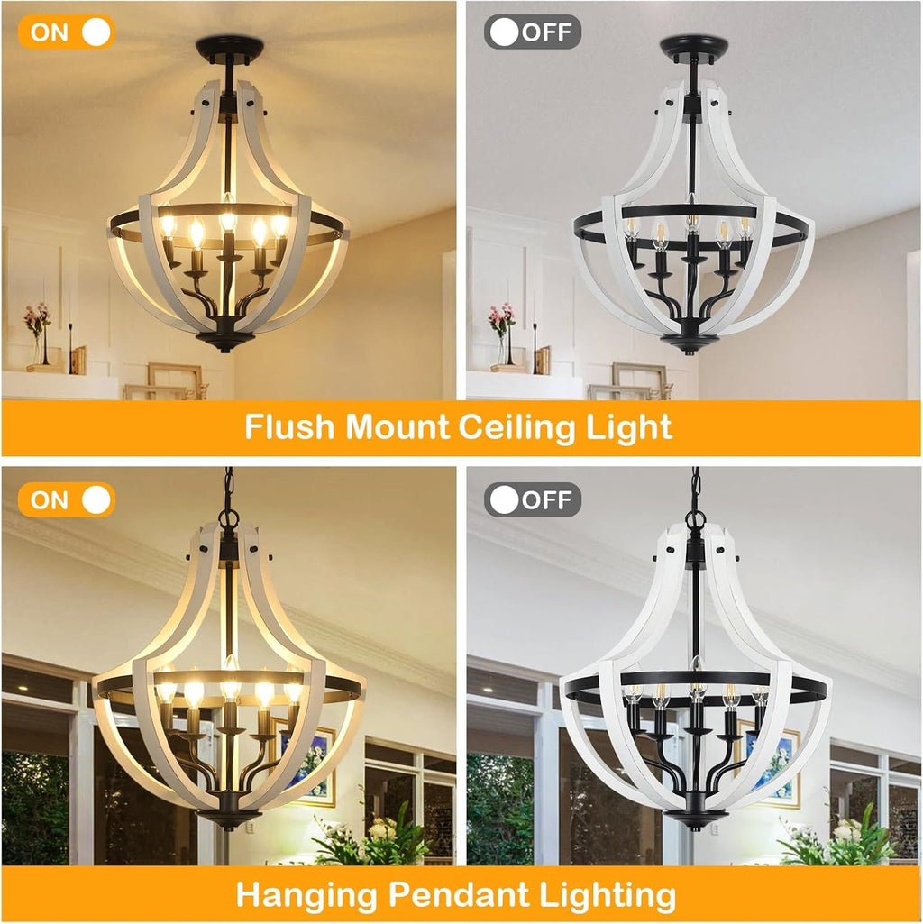 5-Light Farmhouse Chandelier with Dual-Mount Design - White