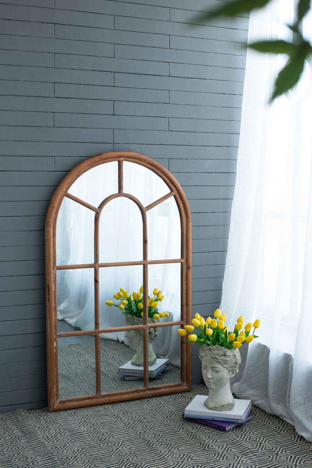 Large Arched Accent Mirror with Solid Fir Wood Frame - Brown