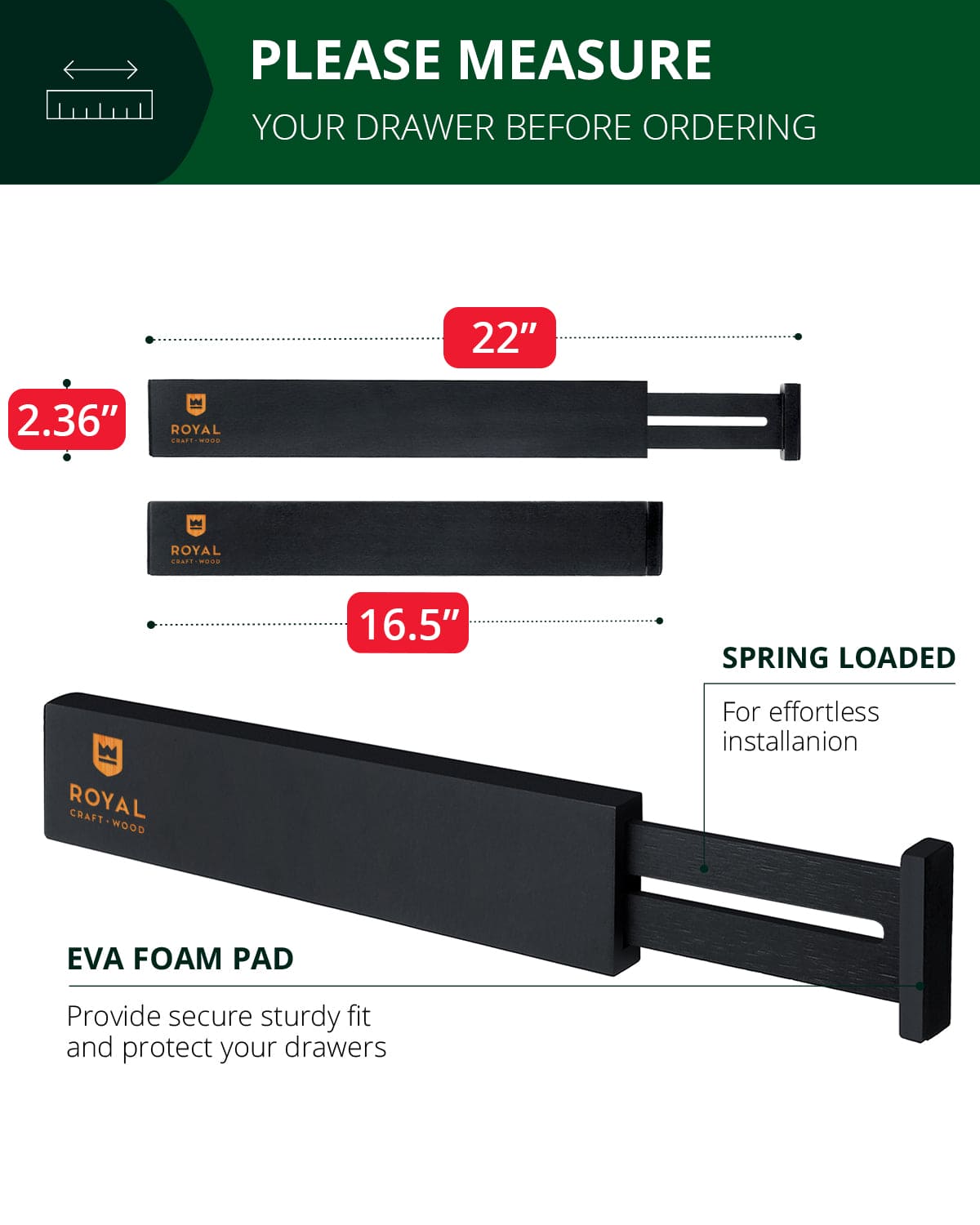 Royal Craft Wood Drawer Dividers — Black, 22-Inch