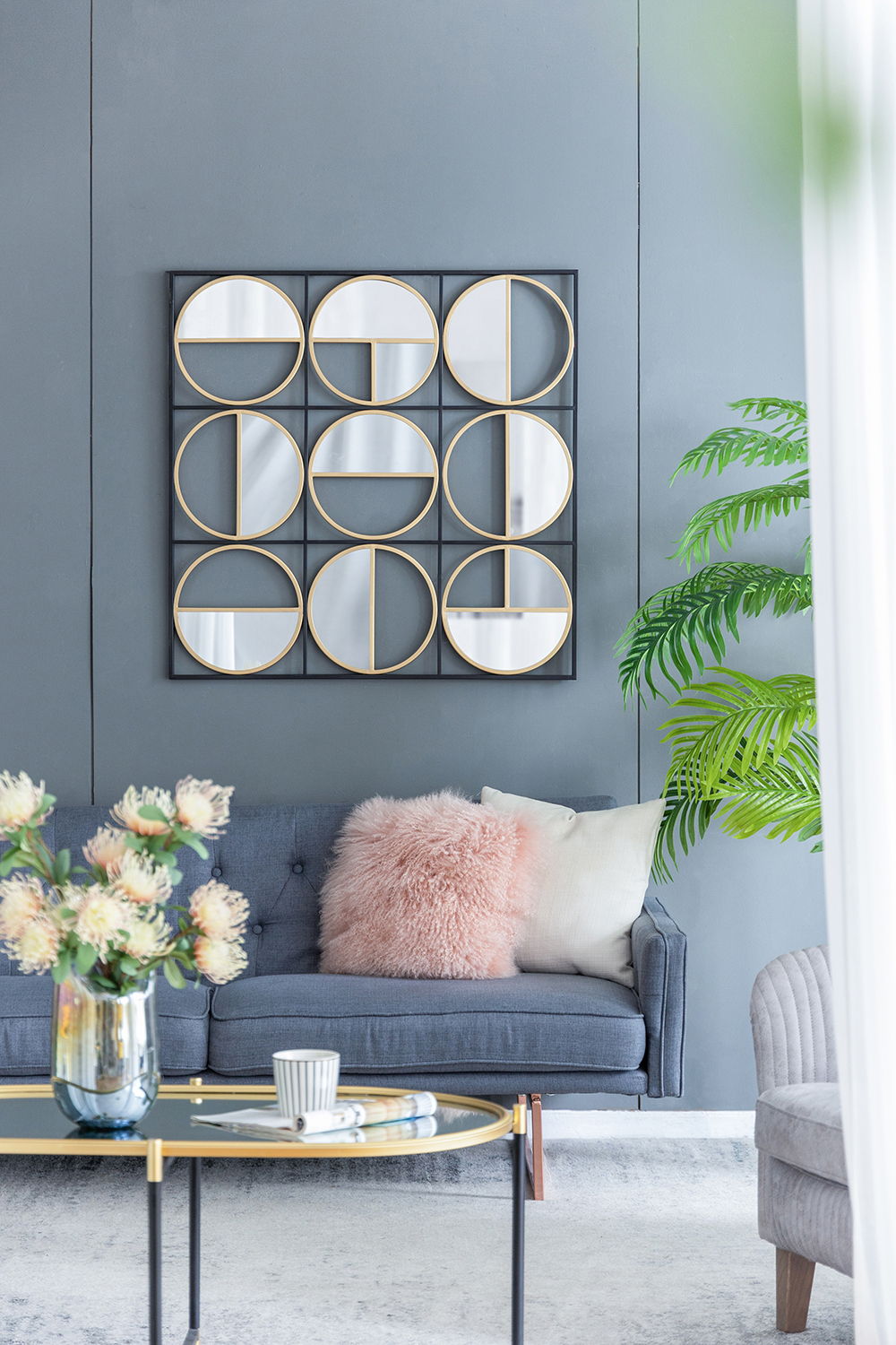 Metal Beaded Accent Mirror with Eclectic Contemporary Design - Gray