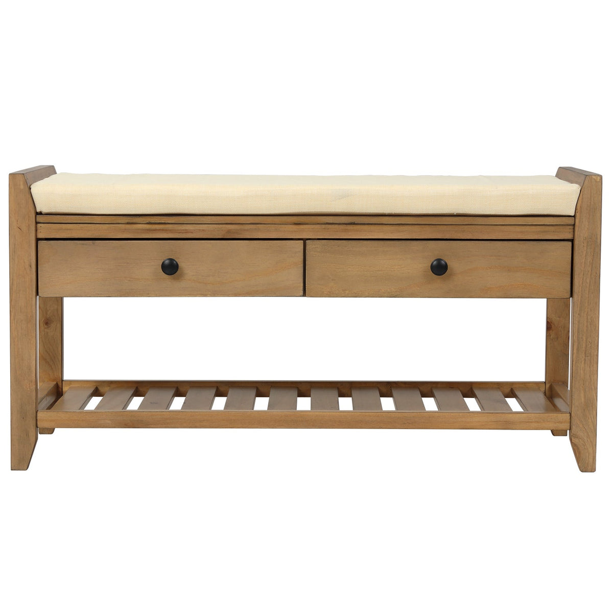 Solid Wood Shoe Rack Storage Bench with Cushioned Seat and Drawers