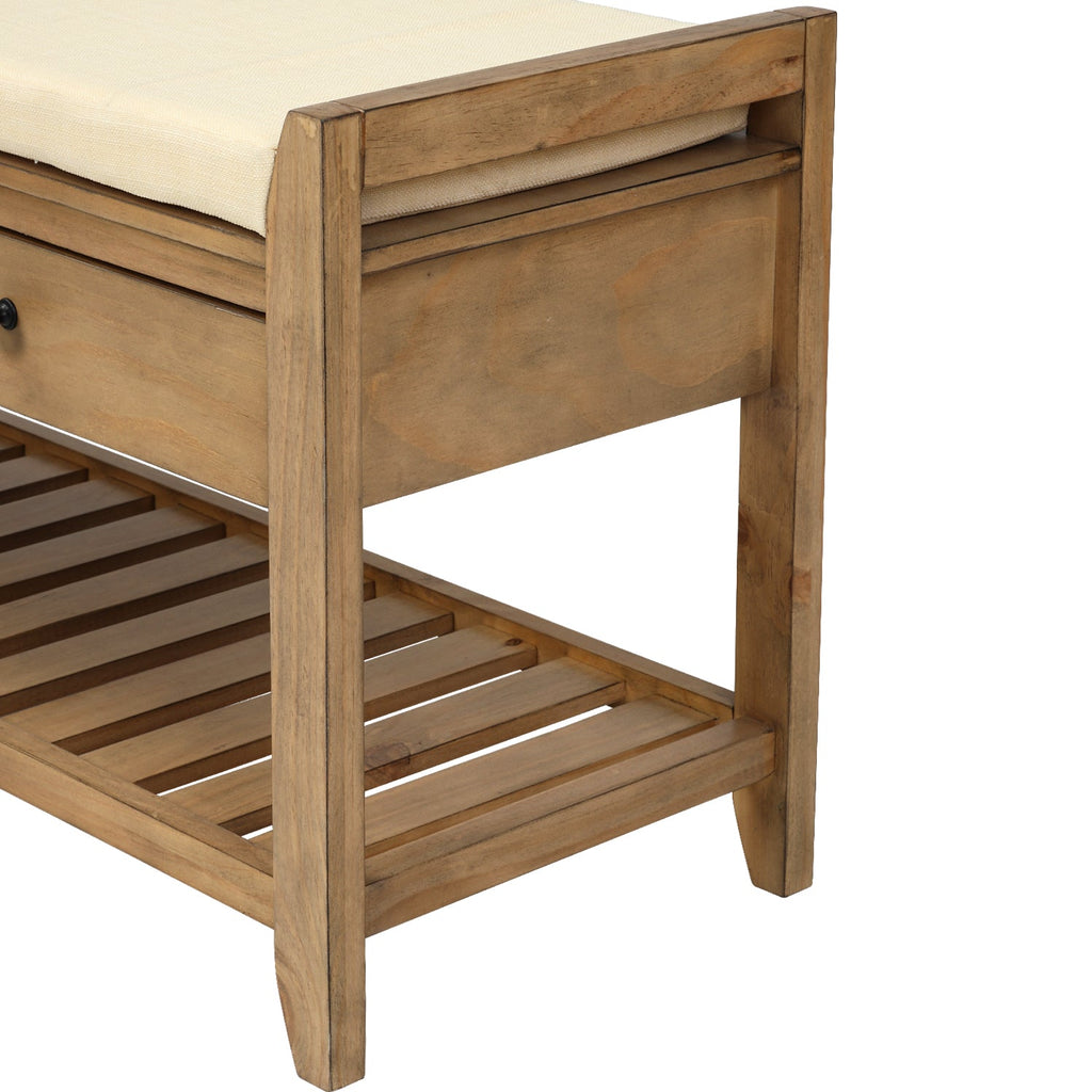 Solid Wood Shoe Rack Storage Bench with Cushioned Seat and Drawers