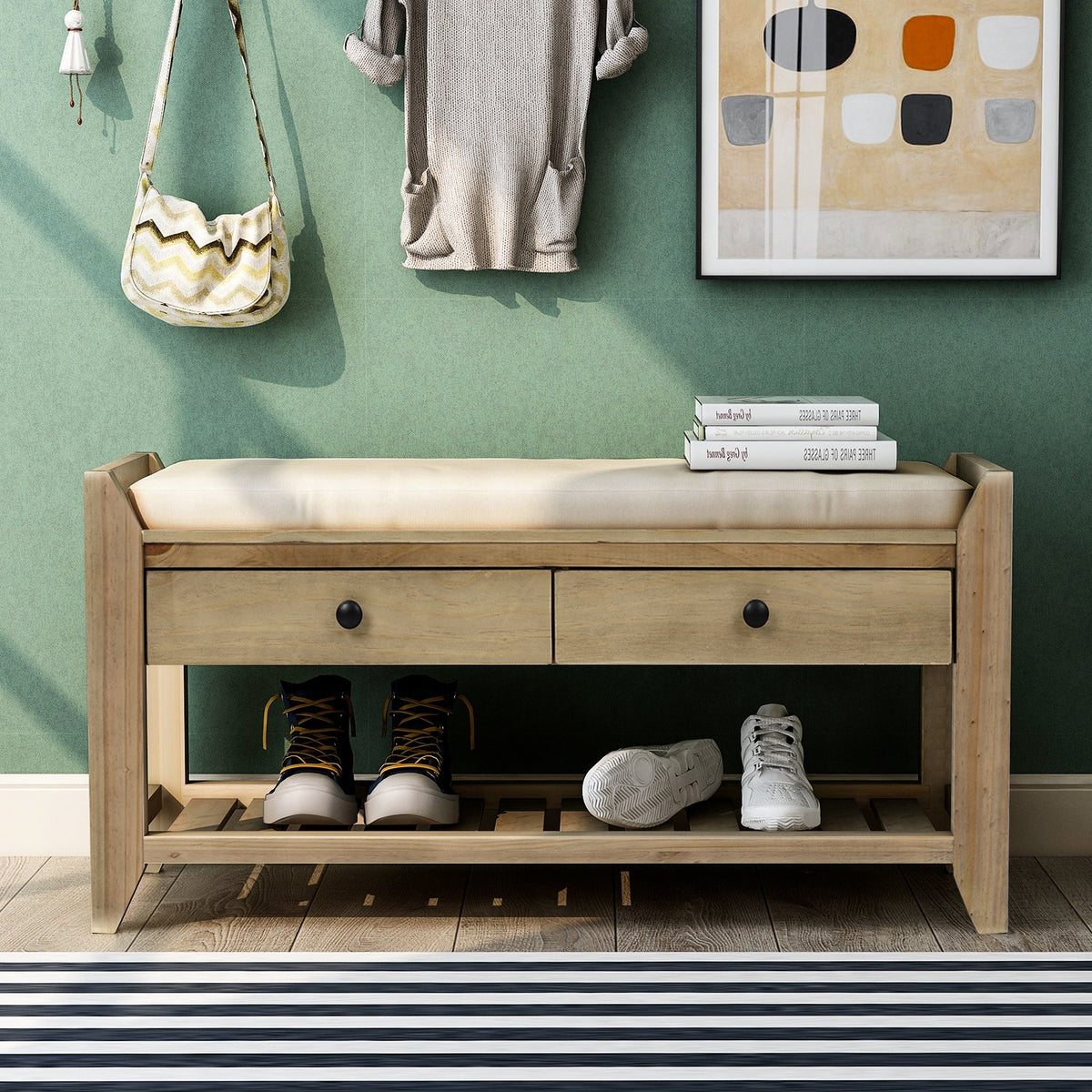 Solid Wood Shoe Rack Storage Bench with Cushion and Drawers - Distressed Finish