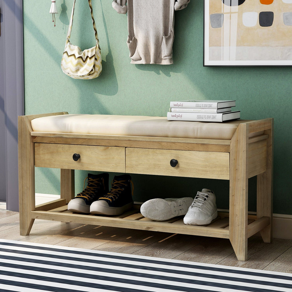 Solid Wood Shoe Rack Storage Bench with Cushion and Drawers - Distressed Finish
