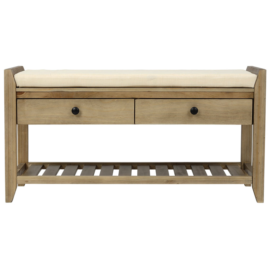 Solid Wood Shoe Rack Storage Bench with Cushion and Drawers - Distressed Finish