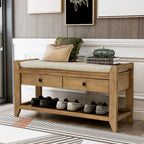 Solid Wood Shoe Rack Storage Bench with Cushioned Seat and Drawers