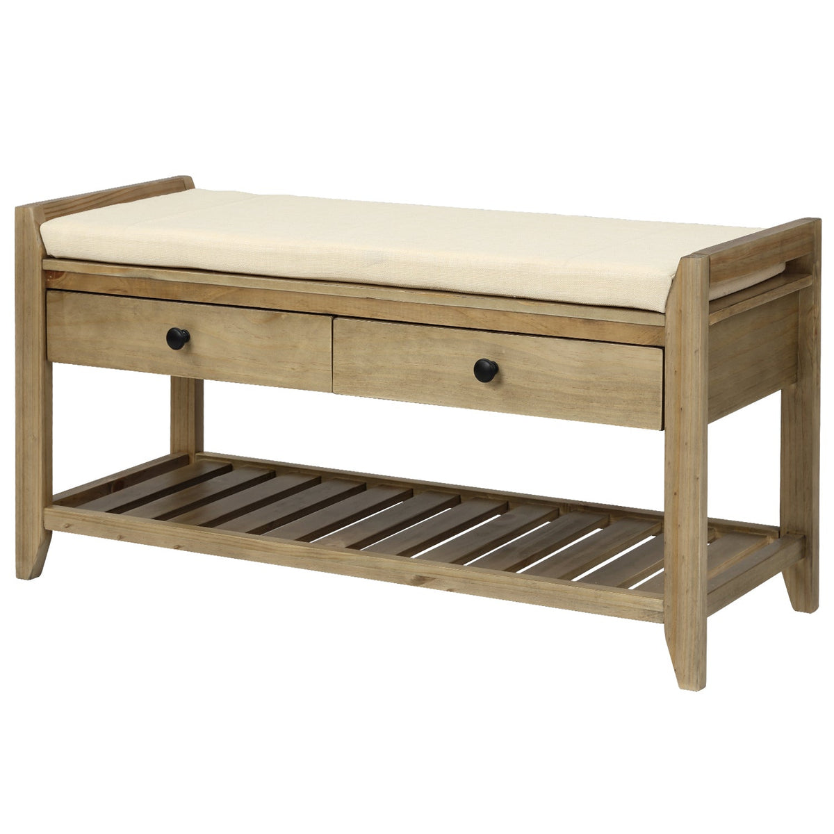 Solid Wood Shoe Rack Storage Bench with Cushion and Drawers - Distressed Finish
