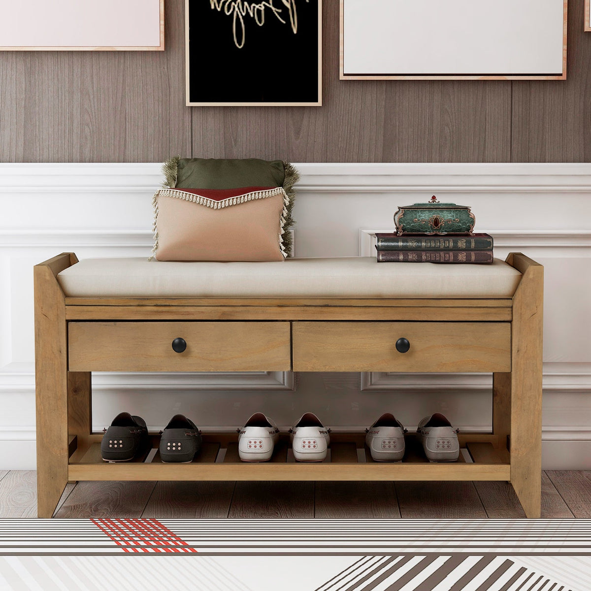 Solid Wood Shoe Rack Storage Bench with Cushioned Seat and Drawers