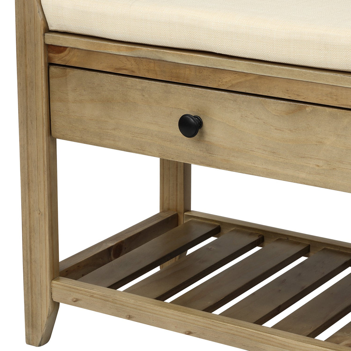 Solid Wood Shoe Rack Storage Bench with Cushion and Drawers - Distressed Finish