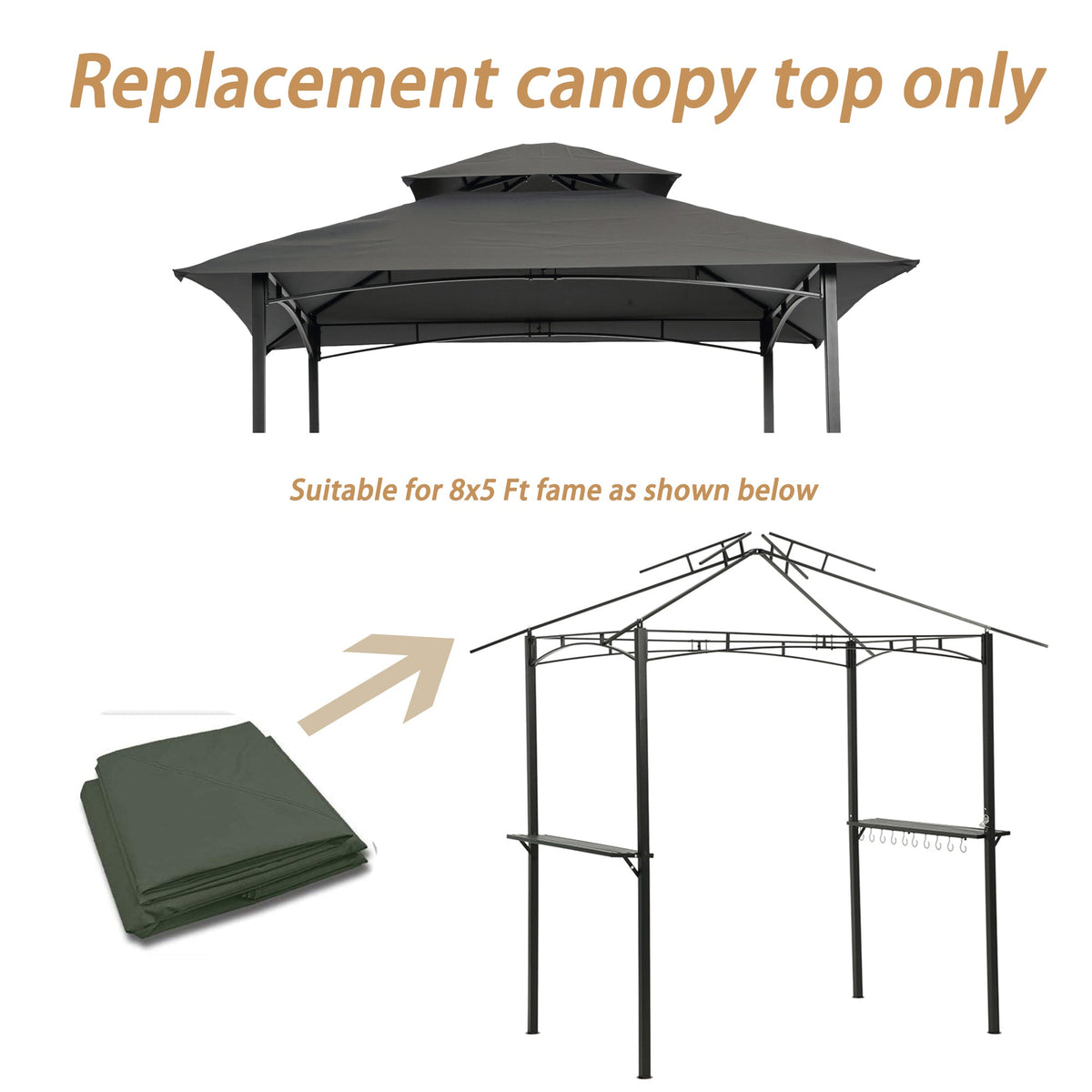 8x5Ft Grill Gazebo Replacement Canopy with Double-Tiered Roof - Gray