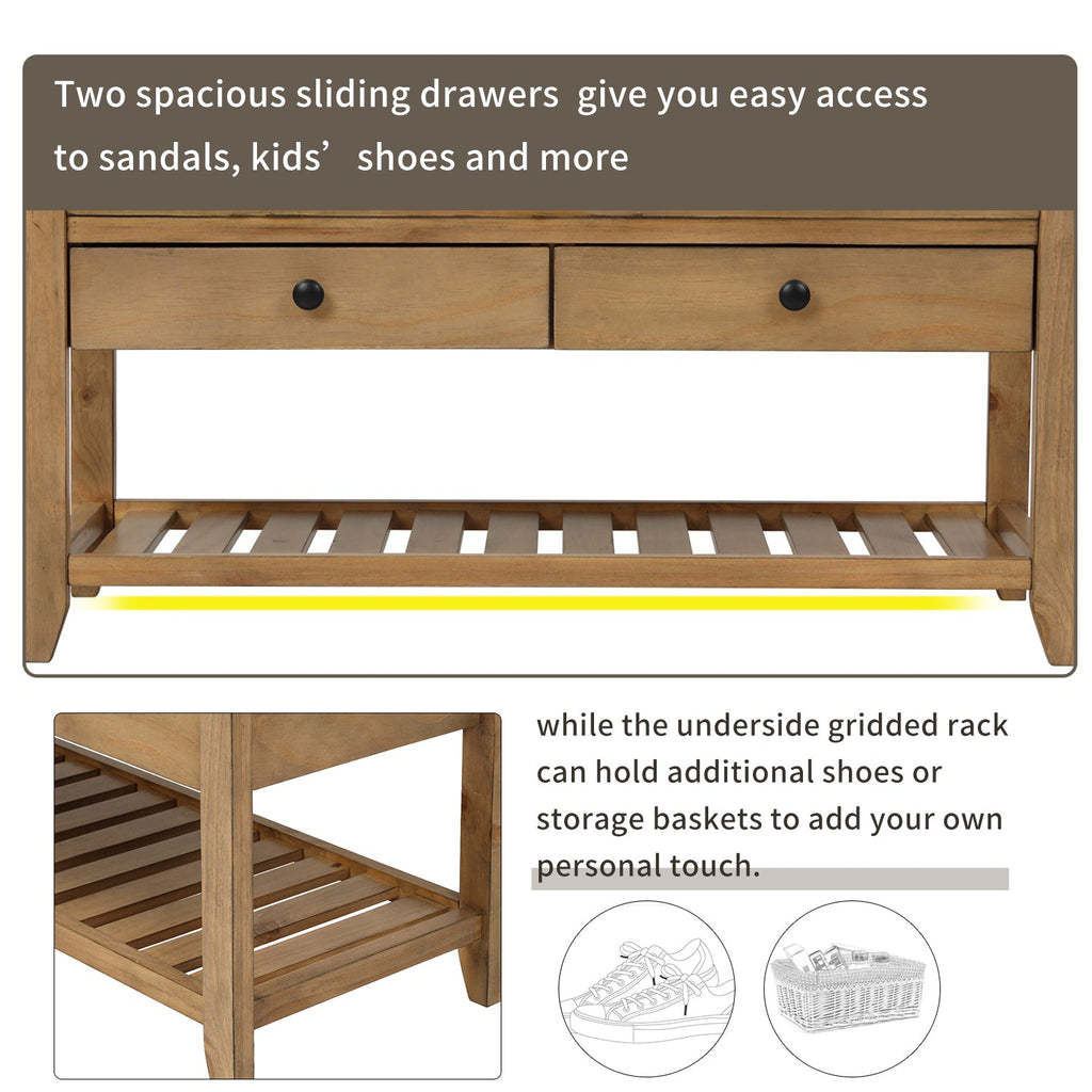 Solid Wood Shoe Rack Storage Bench with Cushioned Seat and Drawers