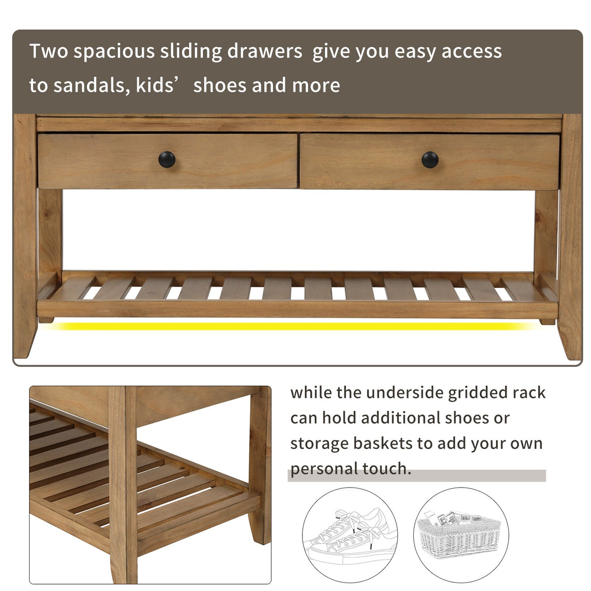 Solid Wood Shoe Rack Storage Bench with Cushioned Seat and Drawers