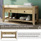 Solid Wood Shoe Rack Storage Bench with Cushion and Drawers - Distressed Finish
