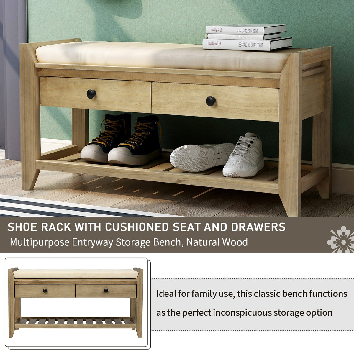 Solid Wood Shoe Rack Storage Bench with Cushion and Drawers - Distressed Finish