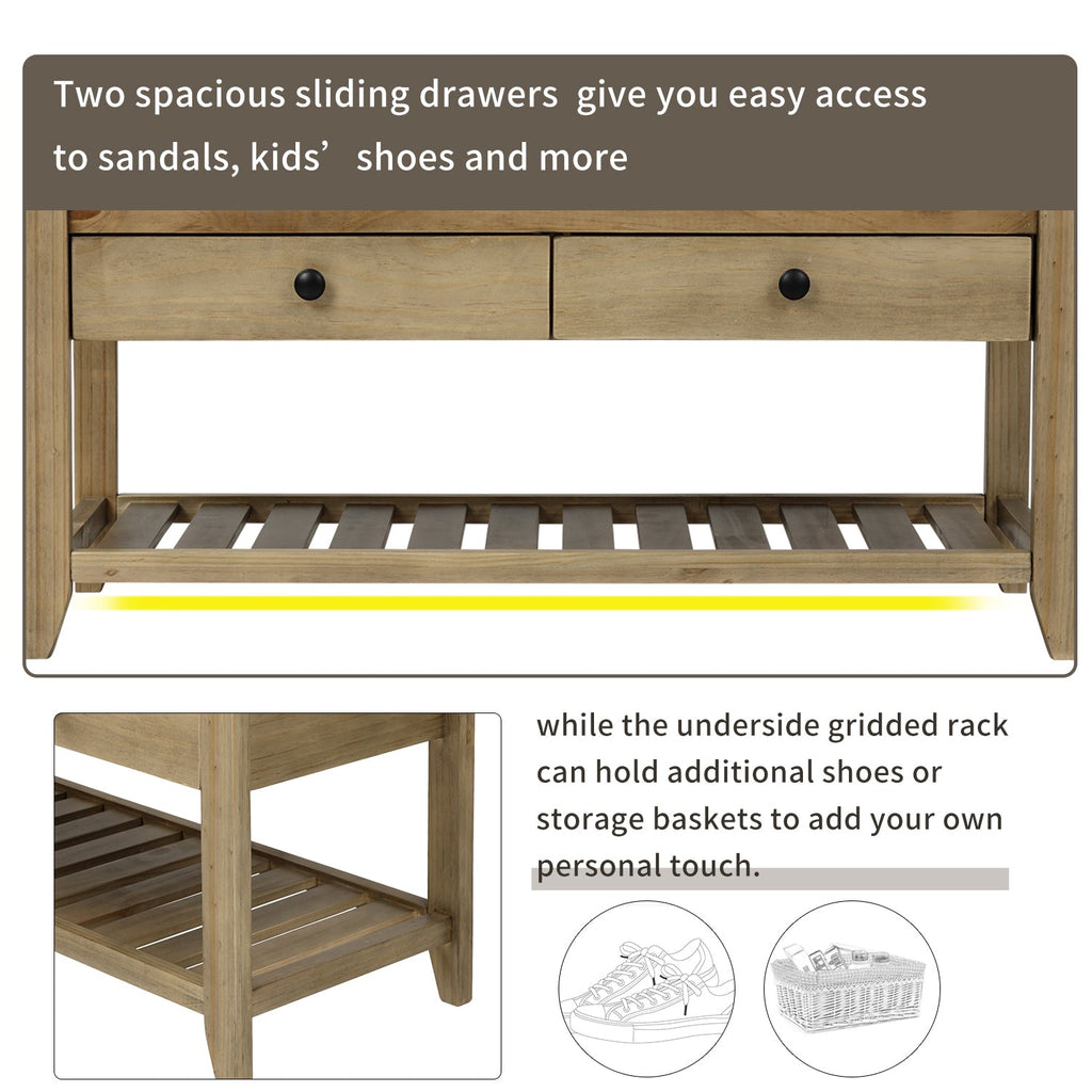 Solid Wood Shoe Rack Storage Bench with Cushion and Drawers - Distressed Finish
