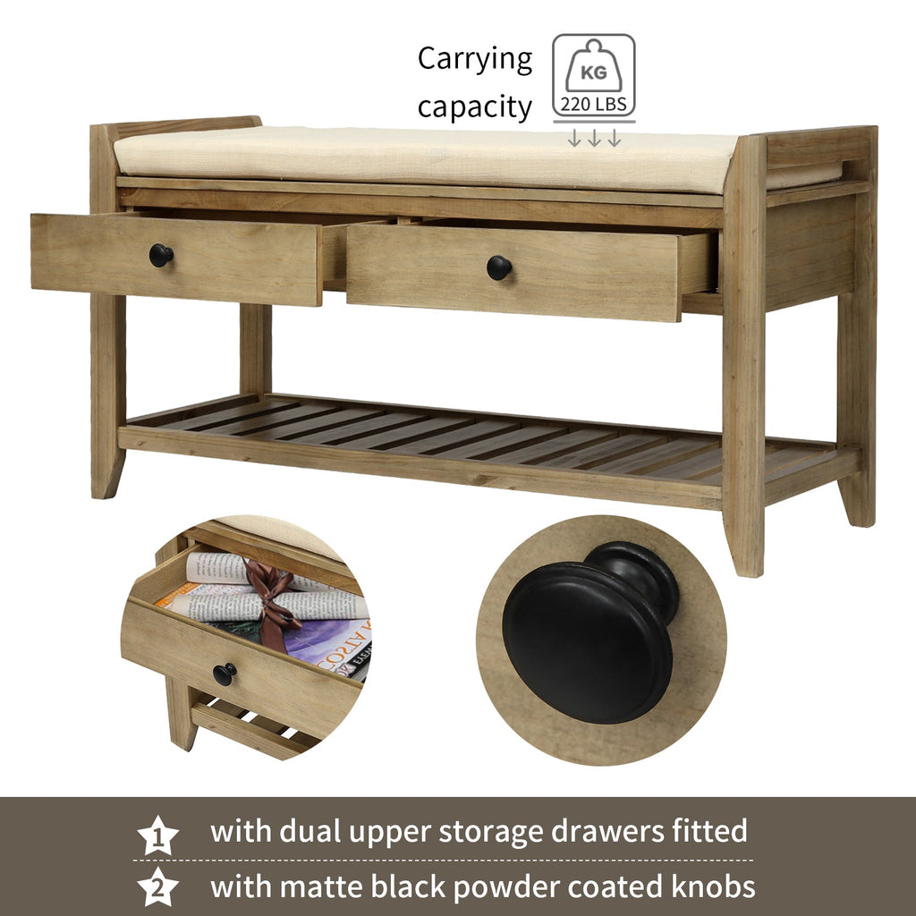 Solid Wood Shoe Rack Storage Bench with Cushion and Drawers - Distressed Finish