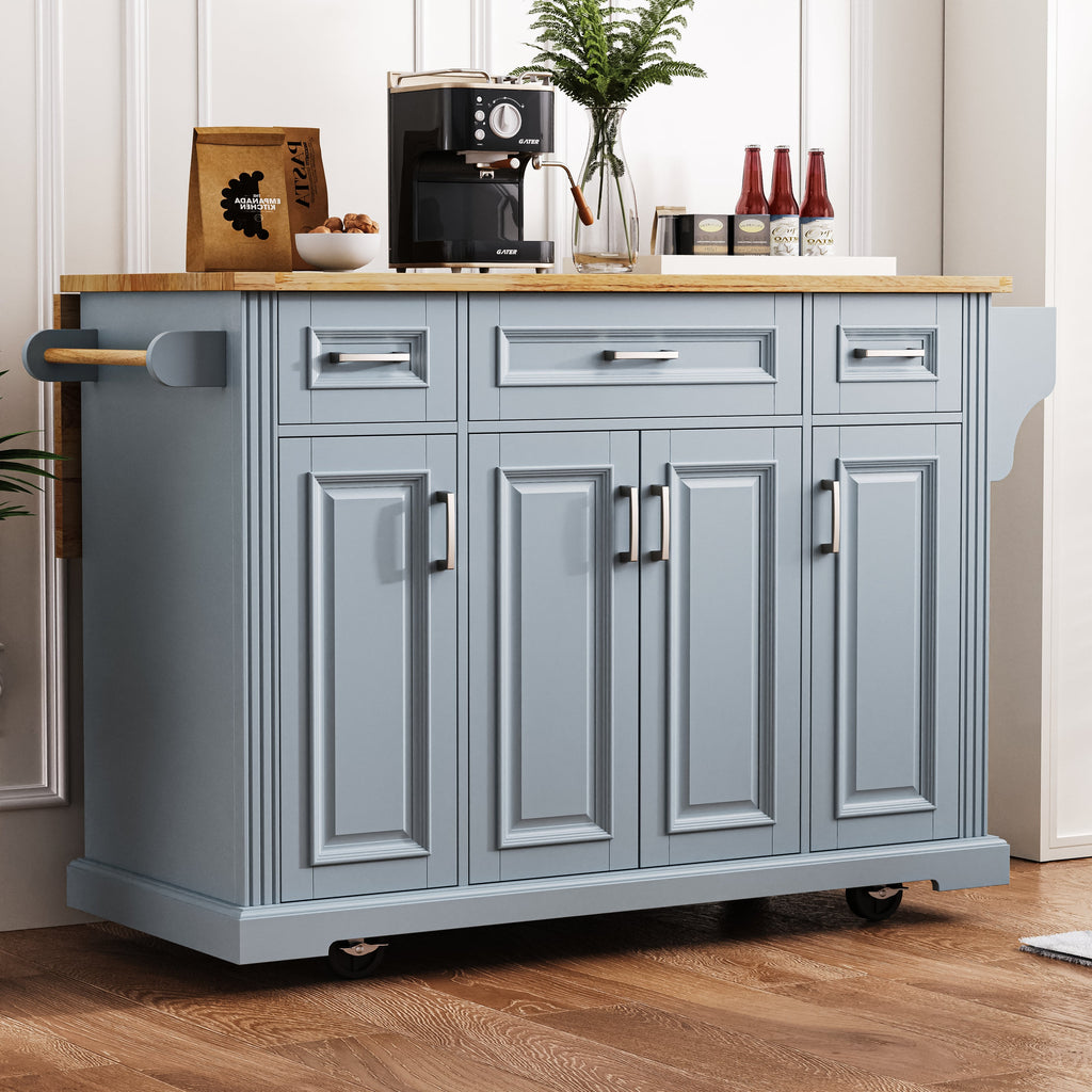 54" Large Kitchen Island with Rubber Wood Drop Leaf and Storage - Brown