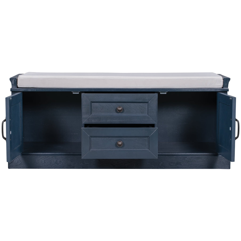 Antique Navy Storage Bench with Drawers and Cabinets - Solid Wood