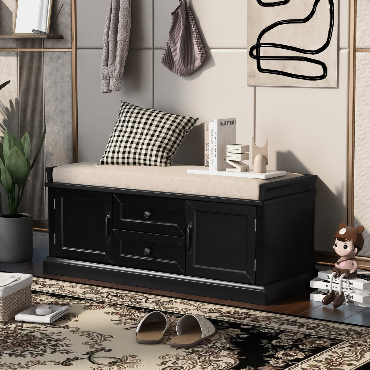 TREXM Storage Bench with 2 Drawers and 2 Cabinets