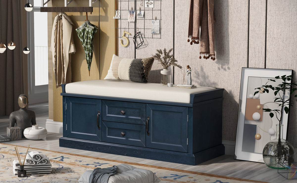 Antique Navy Storage Bench with Drawers and Cabinets - Solid Wood